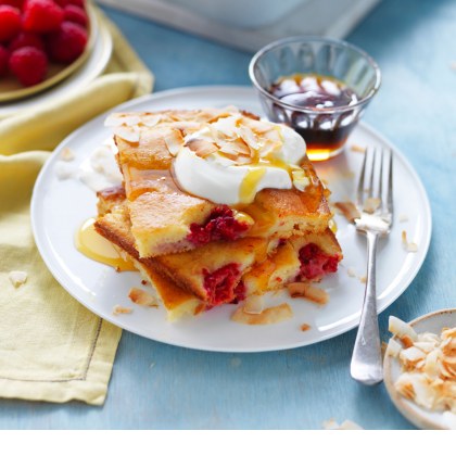 Tray Bake Pancake with Raspberry and Mango